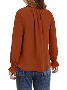 Teen Girls' Casual Blouse - V-Neck Chiffon Shirt With Smocked Cuffs And Long Sleeve - 橘紅色 - 查看 2