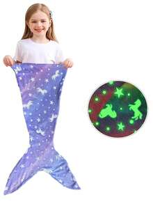 1pc Mermaid Starry Night Glow Sleeping Bag Flannel Glowing Blanket Rainbow Mermaid Soft Comfortable Plush Unicorn Sleep Sack