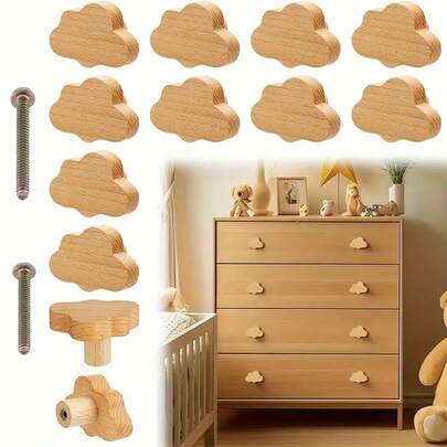 1 قطعة/4 قطع مقابض درج بوهيمية، مقابض أدراج من خشب الزان الطبيعي، بأشكال السحابة والنجمة الخماسية والدب والقلب والقمر، مع براغي، مناسبة للخزائن والأثاث