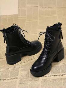 2025年秋冬新款欧洲靴，女式粗跟短靴，女靴 - 黑色 - 查看 3