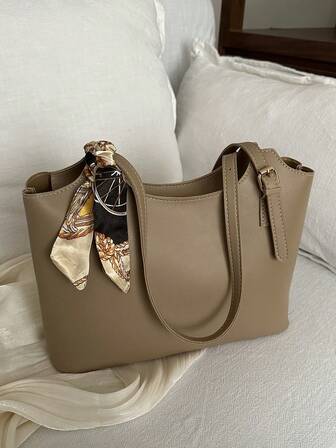 1 件简约纯色单肩托特包，配围巾，适合购物、钱包、年轻女性、大学生、新婚夫妇、办公室女士。非常适合办公室、大学、工作、商务、通勤、户外活动、旅行和野餐