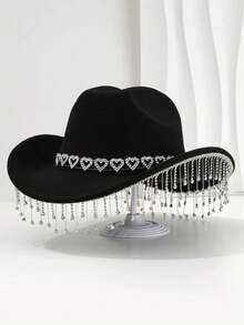 1PC Unique British Style Elegant Cowboy Hat For Men And Women, With Heart-Shaped Diamond Hat Chain, Tassel-Shaped Pendant, Bohemian Style Wide Top Hat, Colorful And Vibrant, Suitable For Western Theme Events, Role Play, Graduation, Graduation, Masquerade, Masquerade, Wedding, Celebration, Halloween Party
