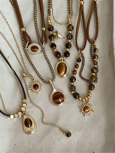 1pc Vintage Brown Stone Bead Pendant Necklace Gold Plated Rope Chain Metal Chain Multi Chain Necklaces Autumn Winter Sweater Chain Jewelry Gift For Women