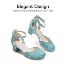 Little Girl's Wedding Party Pumps - Closed Toe High Heels With Ankle Strap For Toddler & Big Kid - 藍色 - 查看 5