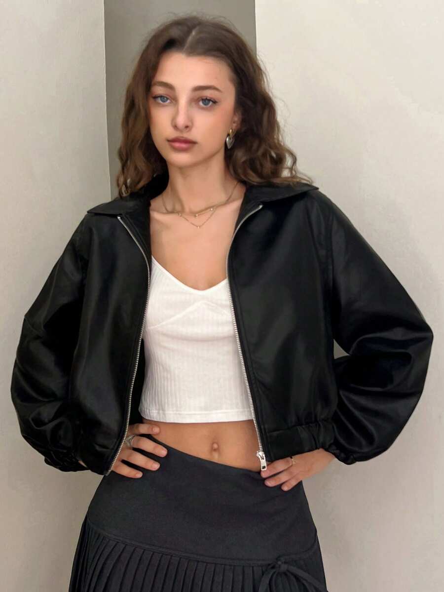 Livesso 1pc Women's Solid Color Front Zipper Long Sleeve Pocket Minimalist PU Leather Jacket,Fall Women Clothes - Black - View 1