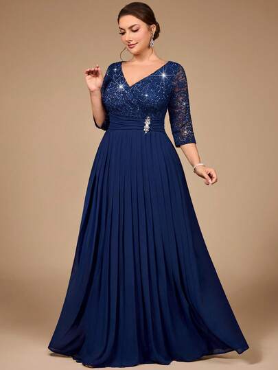 Plus Size V-Neck Sequin Floral Lace 3/4 Sleeve Rhinestone Ruched Waist Colorblock Ruffle Chiffon Formal Party Maxi Dress, Suitable For Valentine's Day, Birthday, Graduation Ceremony, Gala And Other Occasions Spring