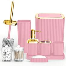 浴室配件套装，9 件粉色浴室套装，配有牙刷架、垃圾桶、乳液皂液器、牙刷杯、梳妆台托盘、肥皂盒、马桶刷、新家居浴室配件支架浴室收纳浴室装饰夏季 - 彩色 - 查看 8