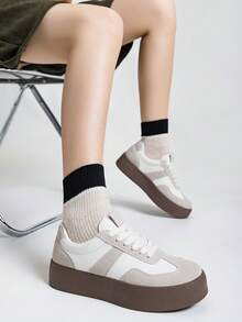 Alan Vincent 2025新款米白色女式休闲鞋，厚底运动鞋，女士日常百搭乐福鞋，舒适时尚，德军训练鞋 - 米色 - 查看 9