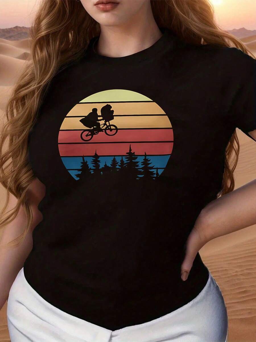 Camiseta gráfica de ciclismo al atardecer retro para mujer, de cuello redondo y corte relajado con estampado único, cómoda para uso diario, tela de mezcla de algodón suave y transpirable, perfecta para un estilo informal y aventuras al aire libre. - Negro - Ver 1