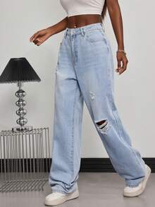 Blue Light Wash Straight Leg Ripped Boyfriend Jeans Daily Casual Outfit For Women Denim Long Pants Street Or School Wear