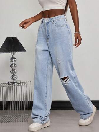 Blue Light Wash Straight Leg Ripped Boyfriend Jeans Daily Casual Outfit For Women Denim Long Pants Street Or School Wear