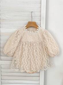 Spring New Baby Girls Long Sleeve Floral Lace Mesh Princess Bodysuit Bodysuit - لون مشمشي - مشاهدة 2