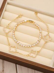 Bộ vòng tay và lắc tay bằng thép không gỉ đính đá Zirconia hình cỏ bốn lá thời trang thanh lịch dành cho nữ, thích hợp đeo hàng ngày, đeo nhiều lần, hẹn hò đôi, phối đồ trong nhiều dịp và làm quà tặng - Vàng - Xem 5