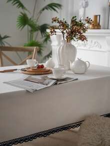 1 pieza Mantel con ribete de encaje blanco y azul marino estilo granja vintage, crea una atmósfera acogedora en el hogar, decoración diaria para la mesa de comedor familiar - Blanco - Ver 6