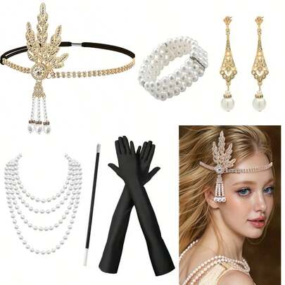 Conjunto de 6 peças, comemoração de casamento retrô dos anos 1920, despedida de solteira, acessórios de fantasia para apresentação de dança: faixa de cabeça, colar, pulseira, brincos, cachimbo decorativo, luvas, presentes para familiares e amigos, presentes para amigos, presentes para festivais, presentes para festas