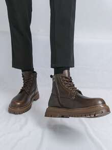 Men's Lace-Up Boots, Solid Color Classic Motorcycle Boots, Fashionable Multi-Functional Hiking Boots With Rubber Sole, Comfortable Derby Boots, Men's Fashion Wedding/Office Shoes - Brown - View 9