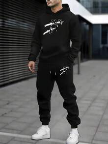 Men's Casual Sportswear, Geometric Pattern Hoodie And Sweatpants, Knitted Polyester Athletic Outfit With Pockets, Regular Fit For Spring/Autumn - 黑色5 - 查看 1