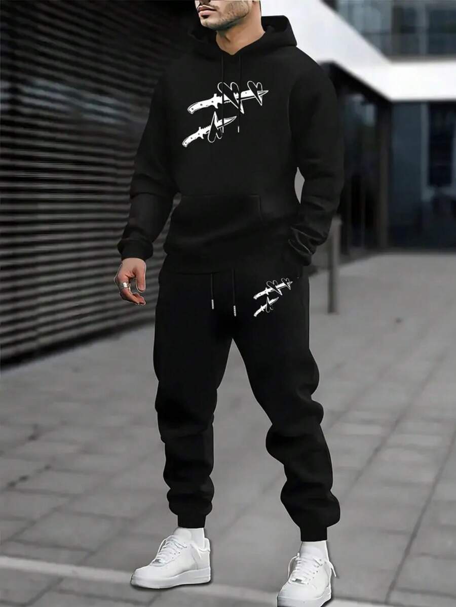 Men's Casual Sportswear, Geometric Pattern Hoodie And Sweatpants, Knitted Polyester Athletic Outfit With Pockets, Regular Fit For Spring/Autumn - 黑色5 - 查看 1