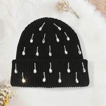 Knit Rhinestone Embellished Hat For Women, Winter Warm Beanies Cap For Outdoor Shopping, Dating, Ski - 黑色 - 查看 3