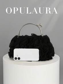 OpulAura 女士优雅花卉褶皱缎面手拿包 - 时尚雪纺花瓣手提包，配有链条肩带，适合新娘、婚礼、舞会、女生聚会、毕业派对、春晚、婚礼、鸡尾酒会和特殊场合 - 黑色 - 查看 6