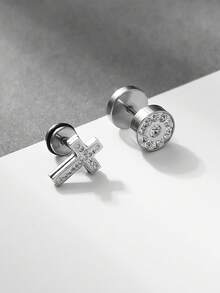 1 Pair Men's Hip Hop Fashion Rhinestone Stainless Steel Cross Geometric Stud Earrings, Suitable For Men's Daily, Party, Street, Nightclub, Punk Style Wear