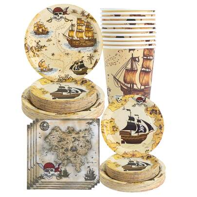 Pratos descartáveis, guardanapos e copos com tema de pirata e mapa do tesouro - Artigos para festas para 30 convidados, pratos de papel descartáveis adequados para aniversários, casamentos, festas e piqueniques em família