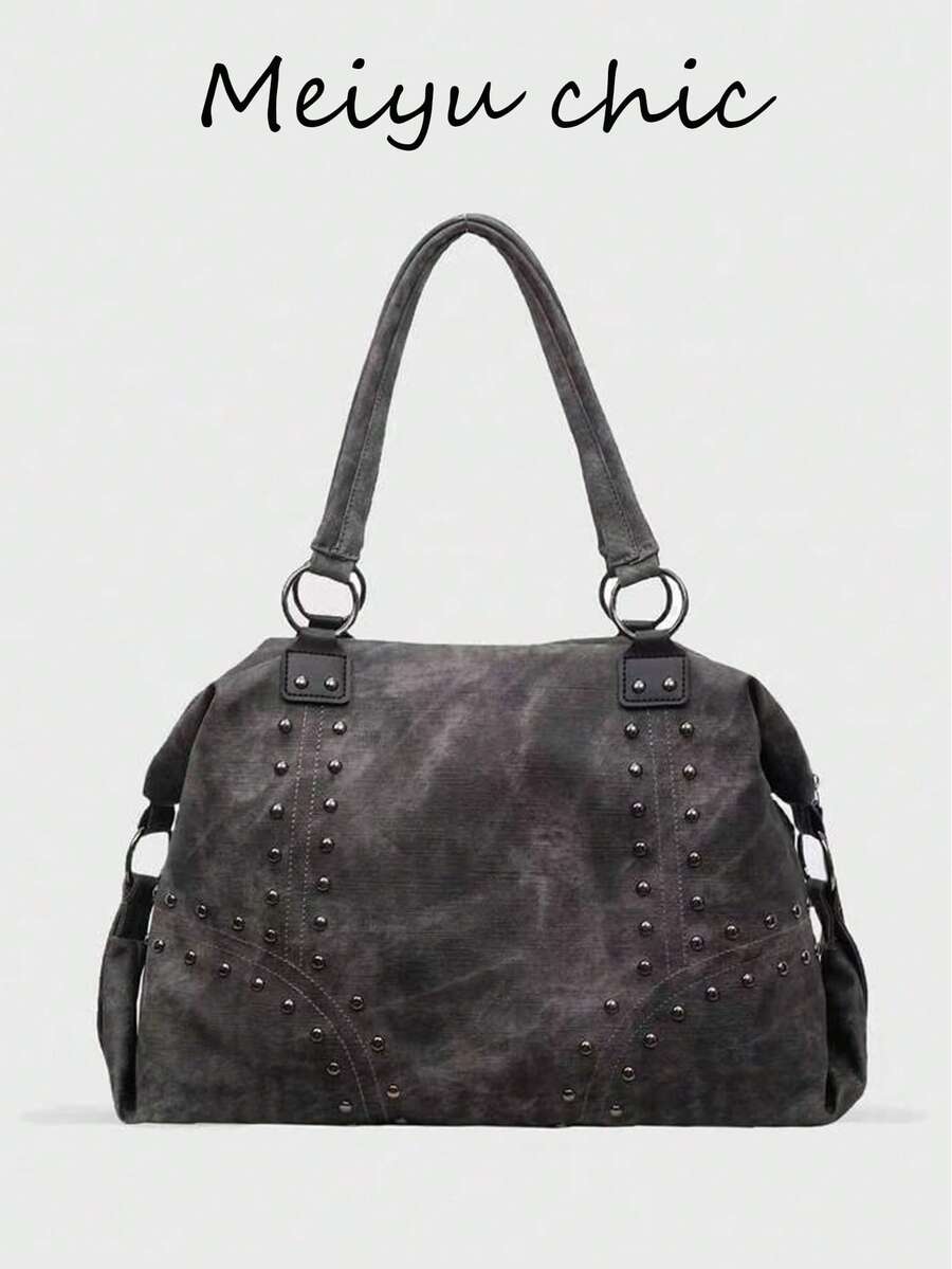 Túi đeo vai nữ thời trang mới, được làm từ chất liệu PU, có hai quai xách và thiết kế trang trí đinh tán, kiểu dáng sành điệu và hiện đại, phù hợp cho mua sắm, đi chơi, du lịch và nhiều dịp khác nhau. - màu đen - Xem 1