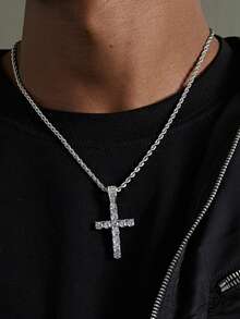1pc Titanium Steel Twisted Chain Zirconia Micro-Inlaid Cross Pendant Necklace, Unisex Luxurious Retro Punk Fashion Long Necklace Accessory, Suitable For Casual, Party, Holiday Outfit, Versatile - Stainless Steel Twisted Chain Cross Pendant Necklace - View 2