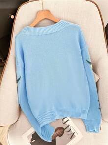 Plus-Size Women's Fall And Winter Fashionable V-Neck Long-Sleeve Knitted Cardigan, With Mango Jacquard Color-Blocking Design, Ideal For Sweet And Casual Daily Wear And School Outfits.