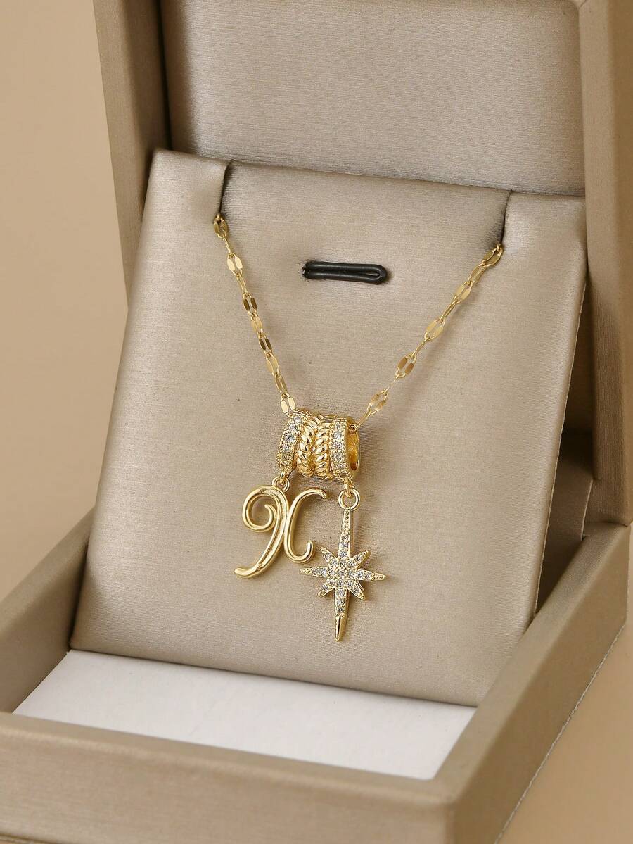 1 件时尚方晶锆石几何不锈钢女士项链，适合日常佩戴，饰有海星、贝壳、足迹、八瓣花、蝴蝶、莲花、八角星、向日葵、硬币徽章、金色珠宝、高品质镀金项链、女士黄金配饰、万圣节礼物、圣诞节礼物