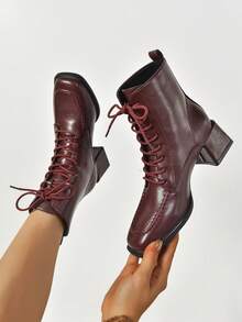 Botas de mujer de caña media con cordones y punta afilada, talla pequeña en un tamaño - Burdeos - Ver 3