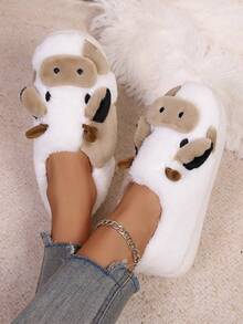 Cute & Soft Cow Print Closed-Toe Slippers For Women, Warm & Fashionable For Student Dorm Or Home Use In Winter Gifts Music Fest - Brown - View 5