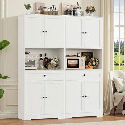 Kitchen Cabinet, Sideboard, Storage Cabinet, Pantry, Bathroom Cabinet, With 4 Doors, 1 Drawer, Wire Grooves, And Adjustable Shelves. Suitable For Kitchens, Dining Rooms, And Bathrooms, 75x40x180 Cm