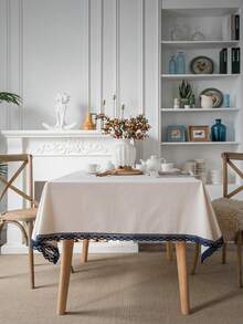 1 pieza Mantel con ribete de encaje blanco y azul marino estilo granja vintage, crea una atmósfera acogedora en el hogar, decoración diaria para la mesa de comedor familiar - Blanco - Ver 2