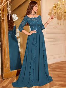 MIUSOL Sequin Floral Lace Boat Neck 3/4 Sleeve Chiffon Ruffle Trim Pleated Hem Formal Party Maxi Dress