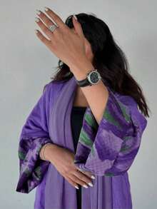 Abaya para mujer, 1 pieza de estilo sencillo y elegante con estampado retro de teñido anudado, puños de unicolor, bata tipo cárdigan, vestido abaya elegante francés, adecuado para la vida diaria, el trabajo, los viajes y las fiestas (pañuelo para la cabeza no incluido)