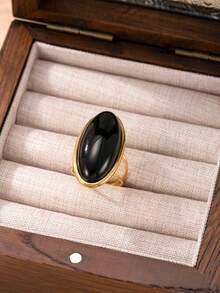 1 pieza de anillo ajustable de acero inoxidable con diseño de gema ovalada de moda, chapado en oro de 18k, adecuado para uso diario de mujeres, citas festivas, compromisos, bodas, accesorio que puede regalarse a amantes, amigos y familiares