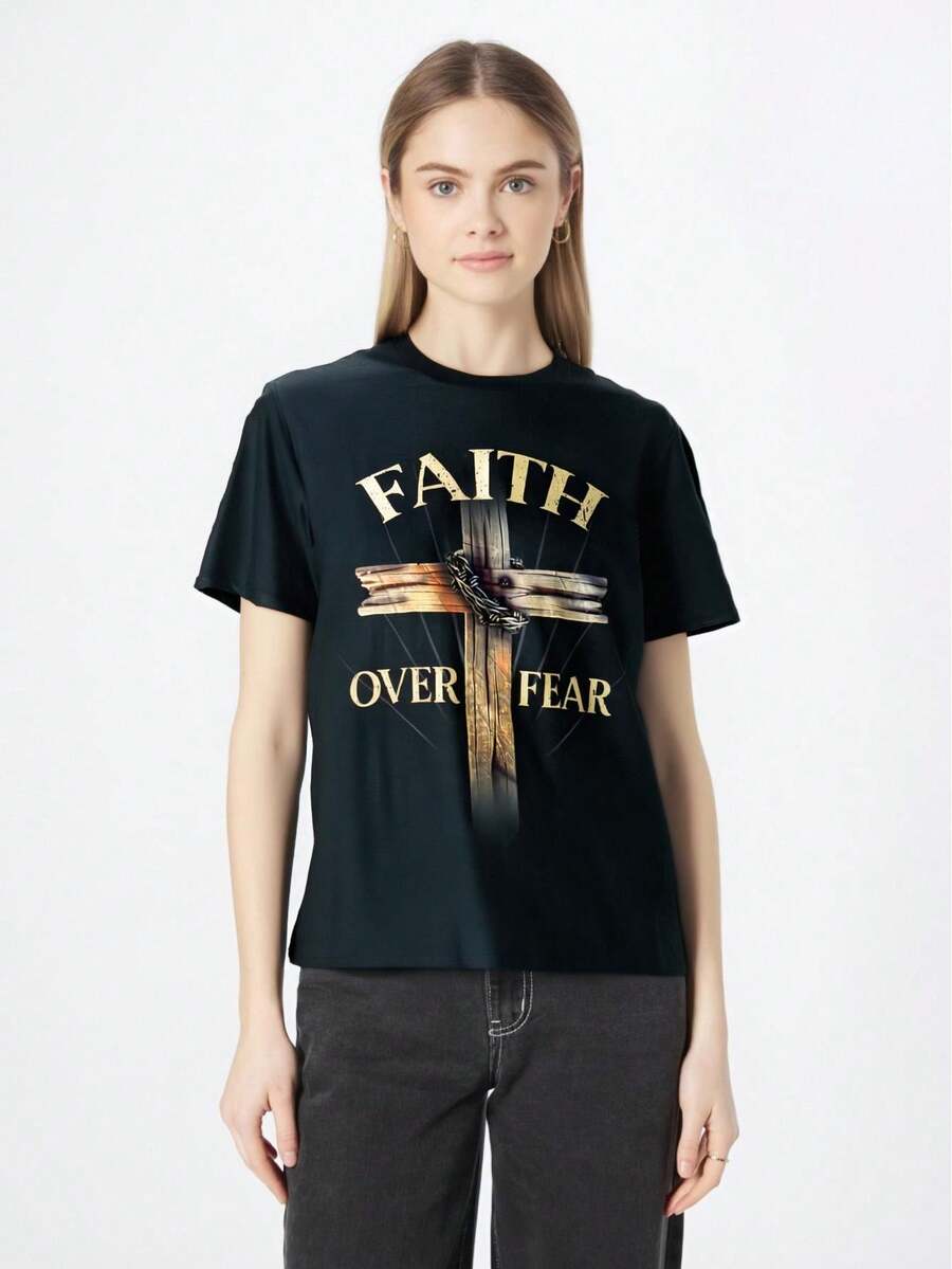 Faith Over Fear Christian Cross Religious For Men Women T-Shirt - Black - View 1