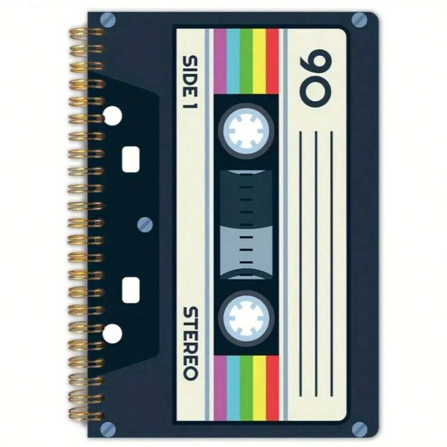 1 pieza Cuaderno de espiral con diseño de cinta de casete vintage - 5.5x8.3 pulgadas, 50 páginas doble cara, portada con arte retro musical, encuadernación de espiral, adecuado para amantes de la música, suministros de oficina y notas de estudio, papel de alta calidad, cubierta resistente, diario profesional creativo