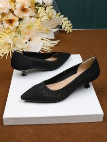 Women's Pointed Toe Shallow Mouth Knitted Hollow Breathable Upper, Stretch And Comfortable, Kitten Heel 1.57 Inches, Suitable For Casual Office Wear, Suitable For Matching Skirts And Trousers - màu đen - Xem 2