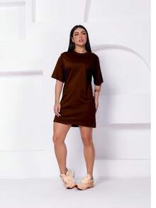 Round Neck Cotton Dress - Rust Brown - View 2
