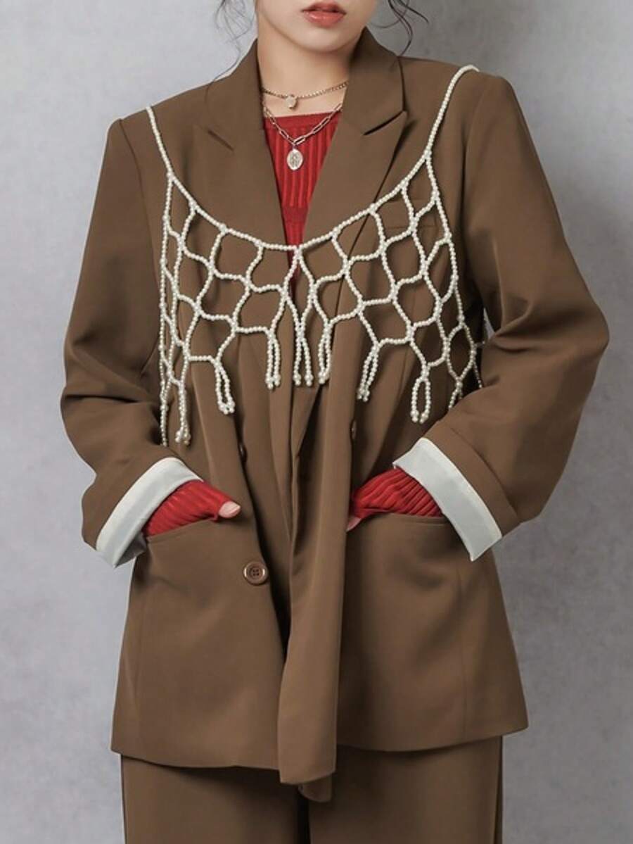 1pc White Minimalist Design Cute & Sweet Pearl Strap Camisole, Versatile Beaded Tank Top, Fashionable Pearl Body Chain, Women Outfit - White - View 1