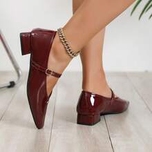 Sapatilhas femininas elegantes, confortáveis e confortáveis para áreas externas, bico quadrado, tira preta, minimalistas, inspiradas em balé, adequadas para festas, banquetes, feriados, saídas à noite, saltos grossos versáteis - Borgonha - Ver 7