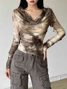 Áo thun dài tay có mũ trùm đầu dáng ôm dáng đơn sắc dành cho nữ phong cách đường phố Top Dazzle - Màu Khaki - Xem 6