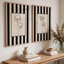 Minimal Black And White Line Art Flower Print, Striped Wall Art, Cottagecore Wall Art, Nature Line Drawing Print, Modern Botanical Canvas Poster, Home Decor Living Room, Wall Decor, No Frame - Multicolor - View 3