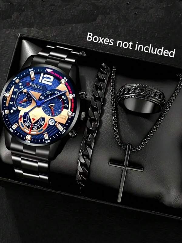 Men's Business Watch With Fake Chronograph, Calendar, Roman Numerals Quartz Wristwatch, Cross Necklace, Bracelet, And Ring Set