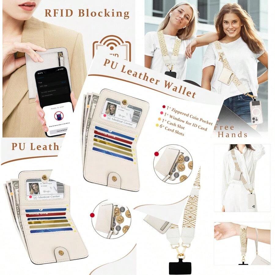 Clip And Go Strap For Phone With RFID Leather Wallet Crossbody Adjustable Cell Phone Strap Lanyard With Zippered Pouch