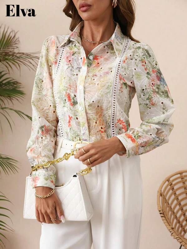 Elva Casual Floral Print Round Neck Long Sleeved Fall Women Clothes Casual Outgoing Teacher Outfits For Women Daily Dating Office Commuting Brunch Women Outfits Going Out Tops Women Shirts