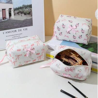 1pc New Bow Cherry Rose Floral Pattern Makeup Bag, Fashionable Casual Large Capacity Portable Zipper Cosmetic Pouch Cream Storage Bag Versatile Tool P