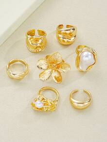 19pcs Elegant Vintage Delicate Party Style Faux Pearl Ruffle Flower Geometric Chunky Metal Ring Set, Geometric Line Design, Suitable For Women's Daily, Party, Vacation Wear, Versatile Stackable, Perfect Gift For Holidays - Style 13 - View 3